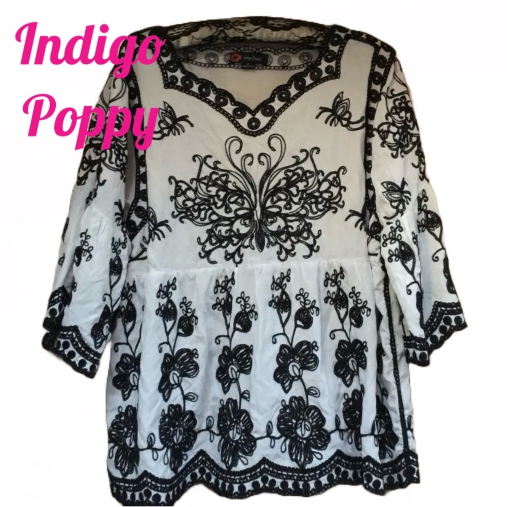 🦋 Indigo Poppy BOHO white with black‎ embroidery!  🦋